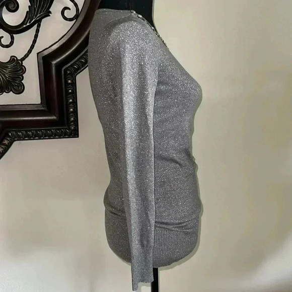 Cache Women’s Gray Spark Silver Sweater Jumper Beaded Rhinestone Accent Collar - Picture 4 of 13